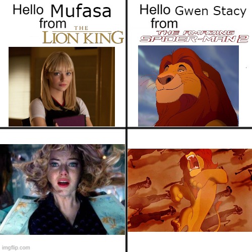 falling to death | Mufasa; Gwen Stacy | image tagged in hello person from,marvel,disney,lion king,spiderman,memes | made w/ Imgflip meme maker