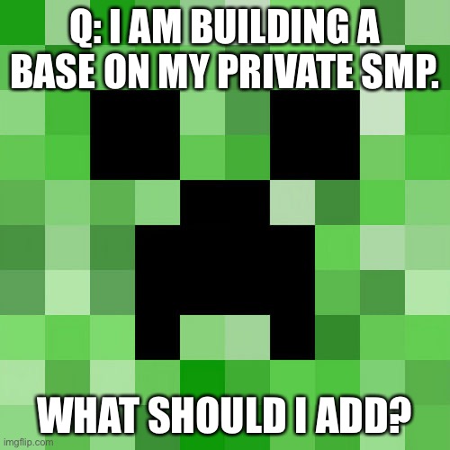 (mod note: nether portal room?) | Q: I AM BUILDING A BASE ON MY PRIVATE SMP. WHAT SHOULD I ADD? | image tagged in memes,scumbag minecraft | made w/ Imgflip meme maker