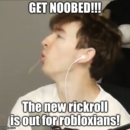 the new rickroll | GET NOOBED!!! The new rickroll is out for robloxians! | image tagged in flamingo | made w/ Imgflip meme maker