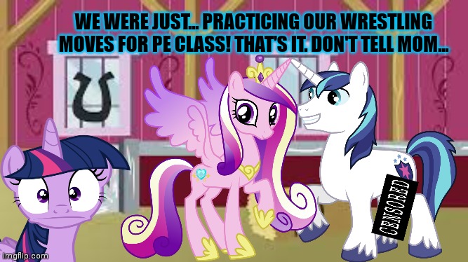 This why you knock first! | WE WERE JUST... PRACTICING OUR WRESTLING MOVES FOR PE CLASS! THAT'S IT. DON'T TELL MOM... | image tagged in mlp,twilight sparkle,shining armor,princess cadance | made w/ Imgflip meme maker