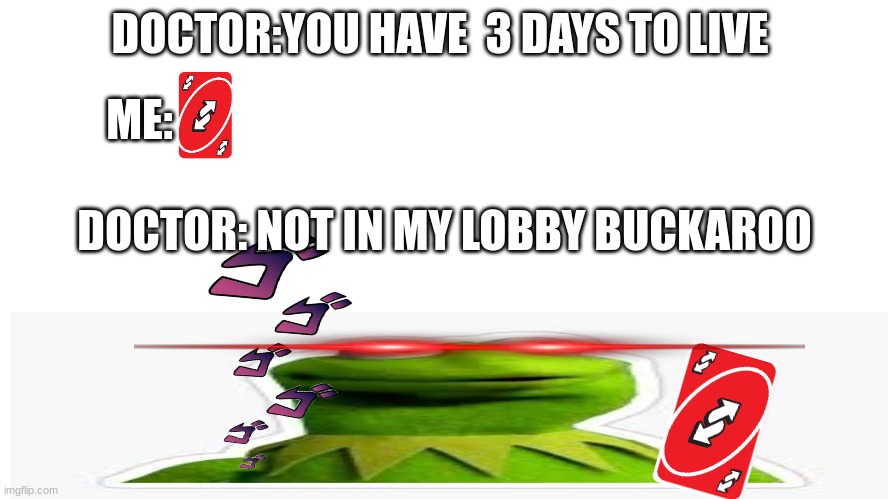 DOCTOR:YOU HAVE  3 DAYS TO LIVE; ME:; DOCTOR: NOT IN MY LOBBY BUCKAROO | image tagged in kermit the frog | made w/ Imgflip meme maker