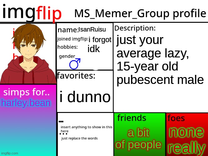 MSMG Profile | IsanRuisu; just your average lazy, 15-year old pubescent male; i forgot; idk; i dunno; harley.bean; ... none really; a bit of people; ... | image tagged in msmg profile | made w/ Imgflip meme maker