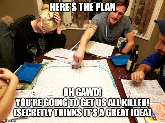 D&D - Here's the plan | HERE'S THE PLAN; OH GAWD!
YOU'RE GOING TO GET US ALL KILLED!
(SECRETLY THINKS IT'S A GREAT IDEA) | image tagged in d d - here's the plan | made w/ Imgflip meme maker