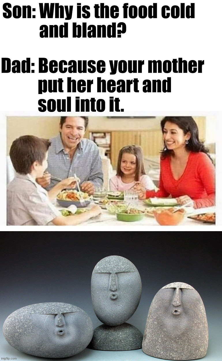  Son: Why is the food cold 
           and bland? Dad: Because your mother 
           put her heart and 
           soul into it. | image tagged in oof stones,insults | made w/ Imgflip meme maker