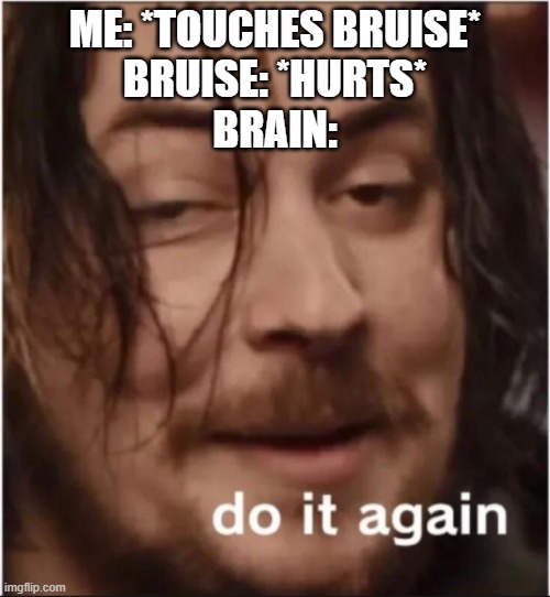 Image Title | ME: *TOUCHES BRUISE*
BRUISE: *HURTS*
BRAIN: | image tagged in do it again | made w/ Imgflip meme maker