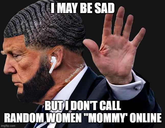 Drip Trump | I MAY BE SAD; BUT I DON'T CALL RANDOM WOMEN "MOMMY' ONLINE | image tagged in sad | made w/ Imgflip meme maker