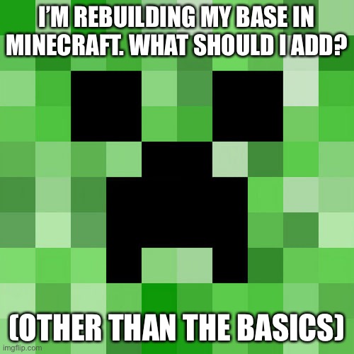 Scumbag Minecraft | I’M REBUILDING MY BASE IN MINECRAFT. WHAT SHOULD I ADD? (OTHER THAN THE BASICS) | image tagged in memes,scumbag minecraft | made w/ Imgflip meme maker