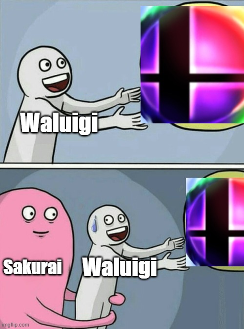 Yes Another Waluigi Meme | Waluigi; Sakurai; Waluigi | image tagged in memes,running away balloon,super smash bros | made w/ Imgflip meme maker