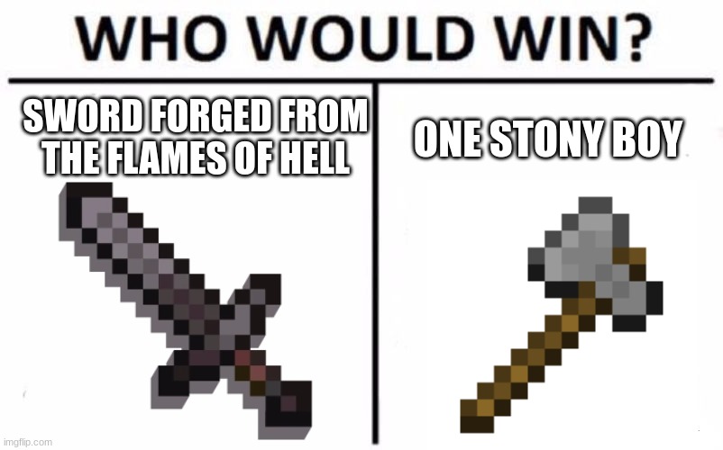 Who Would Win? Meme | SWORD FORGED FROM THE FLAMES OF HELL; ONE STONY BOY | image tagged in memes,who would win | made w/ Imgflip meme maker