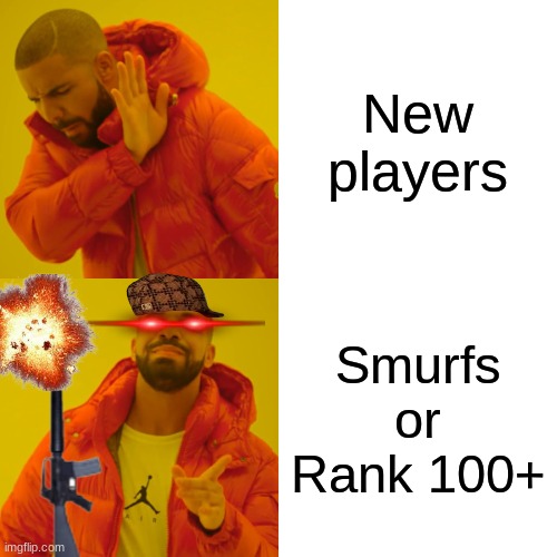 Phantom Forces moment | New players; Smurfs or Rank 100+ | image tagged in memes,drake hotline bling | made w/ Imgflip meme maker