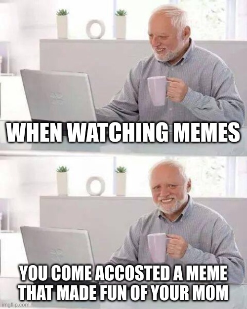 Hide the Pain Harold Meme | WHEN WATCHING MEMES; YOU COME ACCOSTED A MEME THAT MADE FUN OF YOUR MOM | image tagged in memes,hide the pain harold | made w/ Imgflip meme maker