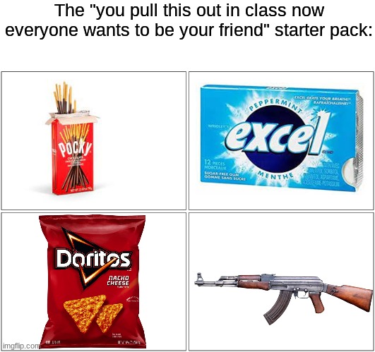 Creative Title |  The "you pull this out in class now everyone wants to be your friend" starter pack: | image tagged in memes,blank comic panel 2x2 | made w/ Imgflip meme maker