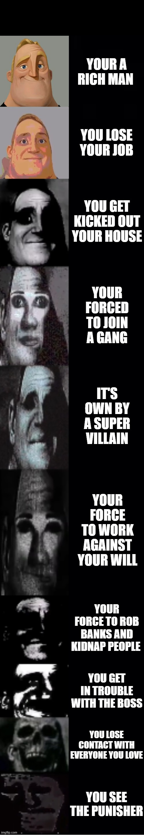 it's tough being a henchmen | YOUR A RICH MAN; YOU LOSE YOUR JOB; YOU GET KICKED OUT YOUR HOUSE; YOUR FORCED TO JOIN A GANG; IT'S OWN BY A SUPER VILLAIN; YOUR FORCE TO WORK AGAINST YOUR WILL; YOUR FORCE TO ROB BANKS AND KIDNAP PEOPLE; YOU GET IN TROUBLE WITH THE BOSS; YOU LOSE CONTACT WITH EVERYONE YOU LOVE; YOU SEE THE PUNISHER | image tagged in mr incredible becoming uncanny | made w/ Imgflip meme maker