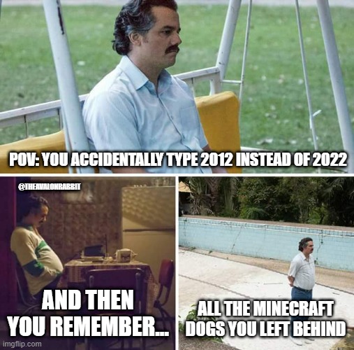 minecraft_remember.cry | POV: YOU ACCIDENTALLY TYPE 2012 INSTEAD OF 2022; @THEAVALONRABBIT; AND THEN YOU REMEMBER... ALL THE MINECRAFT DOGS YOU LEFT BEHIND | image tagged in memes,sad pablo escobar | made w/ Imgflip meme maker