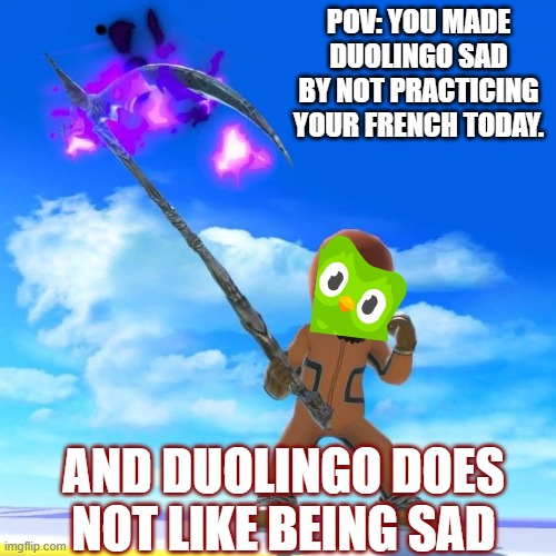 Imma explode your notification tab I swear | POV: YOU MADE DUOLINGO SAD BY NOT PRACTICING YOUR FRENCH TODAY. AND DUOLINGO DOES NOT LIKE BEING SAD | image tagged in matt from wii sports,duolingo bird | made w/ Imgflip meme maker