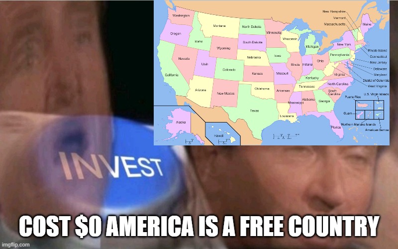 USA is free | COST $0 AMERICA IS A FREE COUNTRY | image tagged in funny,invest | made w/ Imgflip meme maker