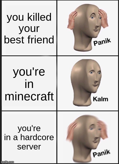 "sadness" | you killed your best friend; you're in minecraft; you're in a hardcore server | image tagged in memes,panik kalm panik | made w/ Imgflip meme maker