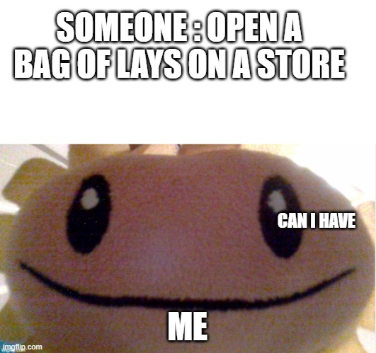 SOMEONE : OPEN A BAG OF LAYS ON A STORE; CAN I HAVE; ME | image tagged in memes,blank transparent square,happy sunflower | made w/ Imgflip meme maker