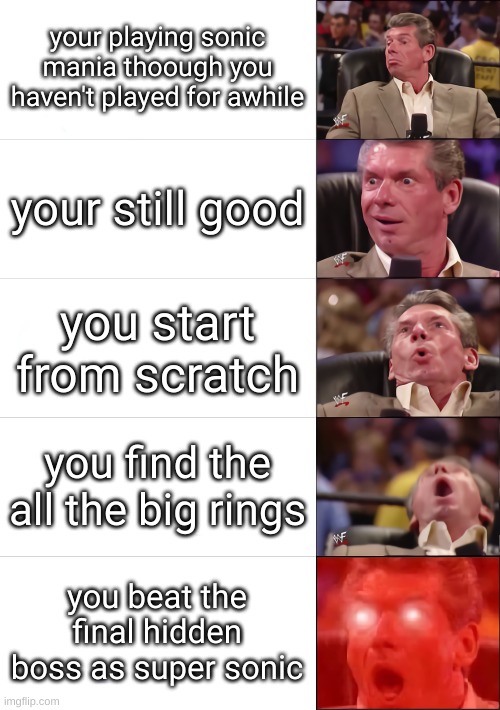 Vince McMahon 5 tier | your playing sonic mania thoough you haven't played for awhile; your still good; you start from scratch; you find the all the big rings; you beat the final hidden boss as super sonic | image tagged in vince mcmahon 5 tier | made w/ Imgflip meme maker