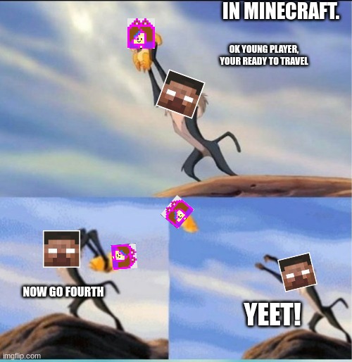 lion being yeeted | IN MINECRAFT. OK YOUNG PLAYER, YOUR READY TO TRAVEL; NOW GO FOURTH; YEET! | image tagged in lion being yeeted | made w/ Imgflip meme maker