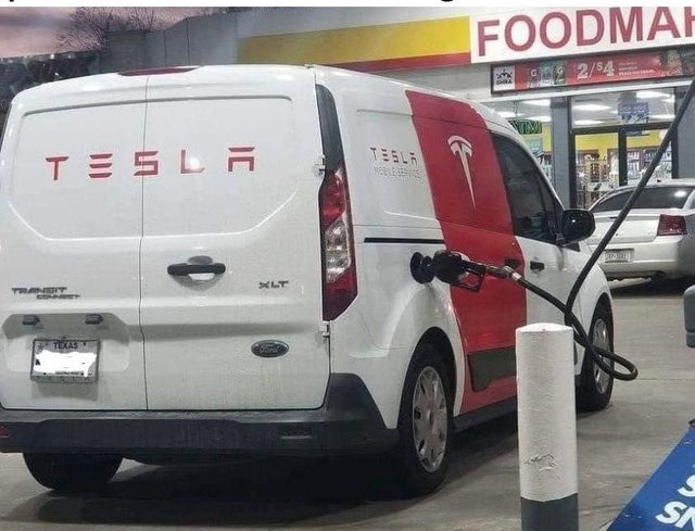 High Quality Tesla at the Gas Station Blank Meme Template