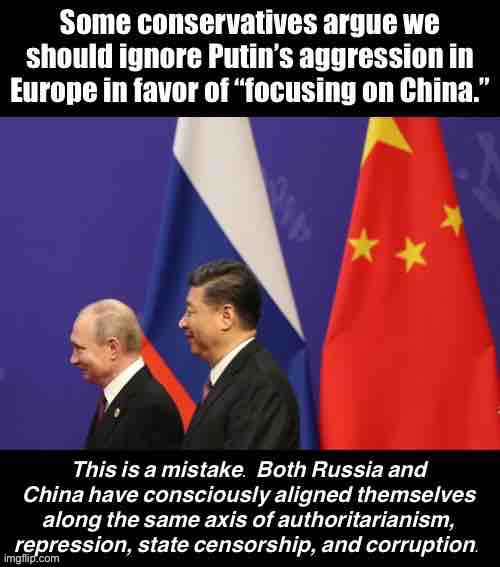 In the worldwide contest between freedom and authoritarianism, ignoring the enemy anywhere emboldens them everywhere. | image tagged in russia,china,freedom,democracy,xi jinping,vladimir putin | made w/ Imgflip meme maker