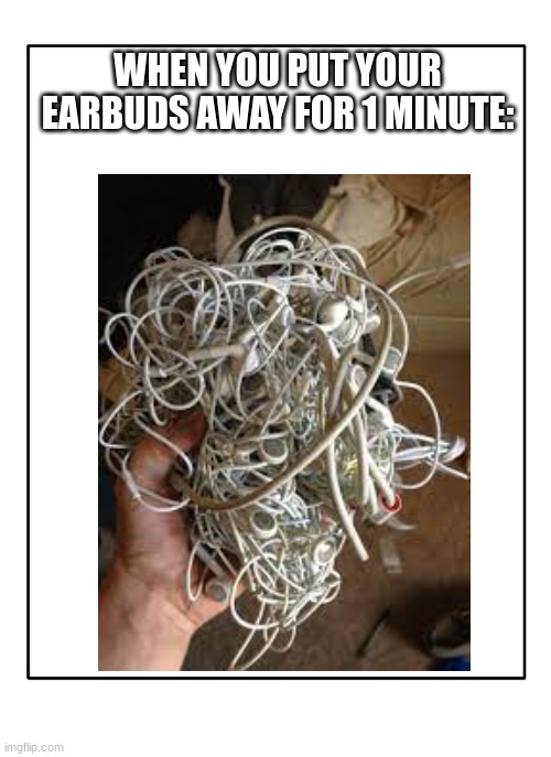 Very Relatable... | WHEN YOU PUT YOUR EARBUDS AWAY FOR 1 MINUTE: | image tagged in why | made w/ Imgflip meme maker