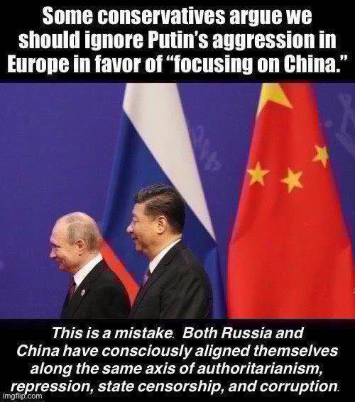 In the worldwide contest between freedom and authoritarianism, ignoring the enemy anywhere emboldens them everywhere. | image tagged in xi jinping,vladimir putin,democracy,freedom,ukraine,ukrainian lives matter | made w/ Imgflip meme maker