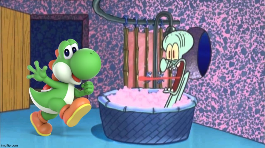 Yoshi goes to Squidward's house | image tagged in who dropped by squidward's house | made w/ Imgflip meme maker
