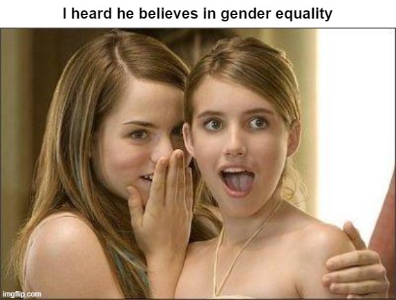 feminism | I heard he believes in gender equality | image tagged in girls gossiping | made w/ Imgflip meme maker