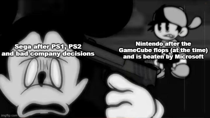 I wonder what would've happened if the Wii failed | Nintendo after the GameCube flops (at the time) and is beaten by Microsoft; Sega after PS1, PS2 and bad company decisions | image tagged in suicidal mickey | made w/ Imgflip meme maker