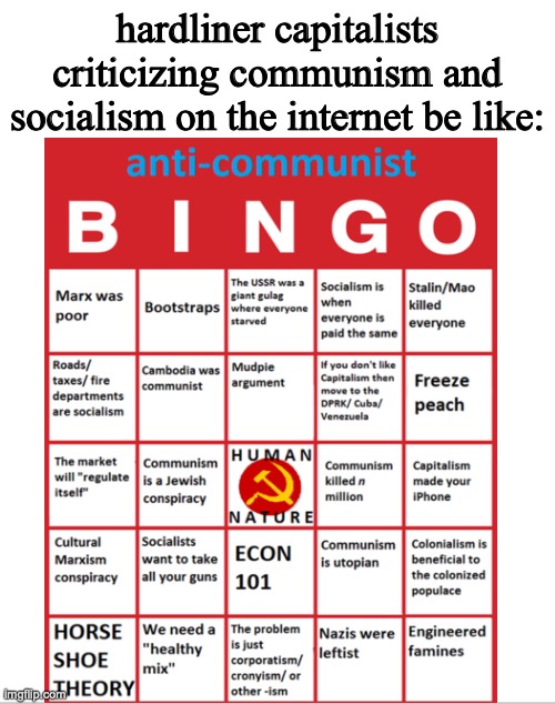 Took this from Know Your Meme; Link in the comments | hardliner capitalists criticizing communism and socialism on the internet be like: | image tagged in anti communism,human nature,argument | made w/ Imgflip meme maker