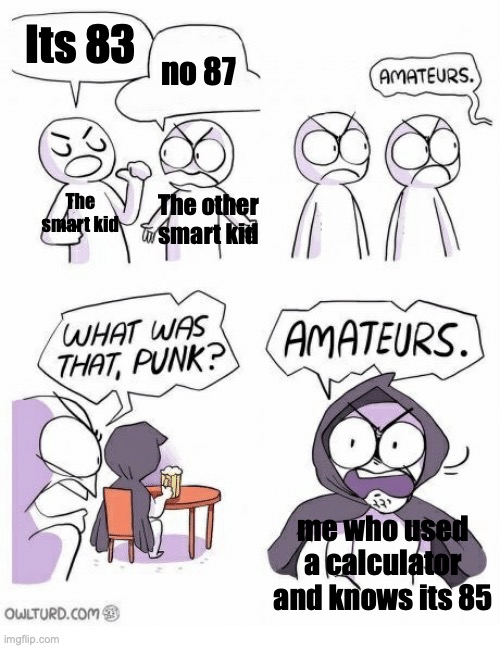 Amateurs |  Its 83; no 87; The smart kid; The other smart kid; me who used a calculator and knows its 85 | image tagged in amateurs | made w/ Imgflip meme maker