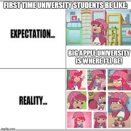 University Life = Stress |  FIRST TIME UNIVERSITY STUDENTS BE LIKE:; BIG APPLE UNIVERSITY IS WHERE I'LL BE! | image tagged in expectation vs reality,strawberry shortcake,strawberry shortcake berry in the big city,memes,funny,funny memes | made w/ Imgflip meme maker