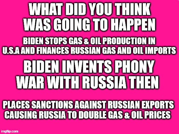 Hot Pink Template | WHAT DID YOU THINK WAS GOING TO HAPPEN; BIDEN STOPS GAS & OIL PRODUCTION IN U.S.A AND FINANCES RUSSIAN GAS AND OIL IMPORTS; BIDEN INVENTS PHONY WAR WITH RUSSIA THEN; PLACES SANCTIONS AGAINST RUSSIAN EXPORTS CAUSING RUSSIA TO DOUBLE GAS & OIL PRICES | image tagged in hot pink template,biden/putin plan to enslave the owrld | made w/ Imgflip meme maker