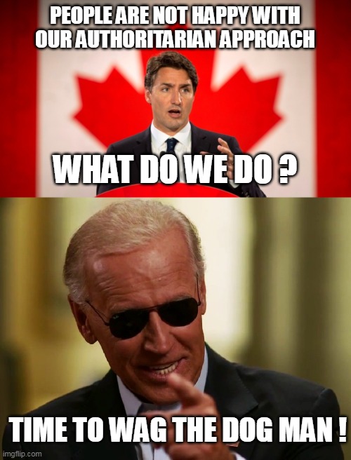 PEOPLE ARE NOT HAPPY WITH OUR AUTHORITARIAN APPROACH WHAT DO WE DO ? TIME TO WAG THE DOG MAN ! | image tagged in justin trudeau,cool joe biden | made w/ Imgflip meme maker
