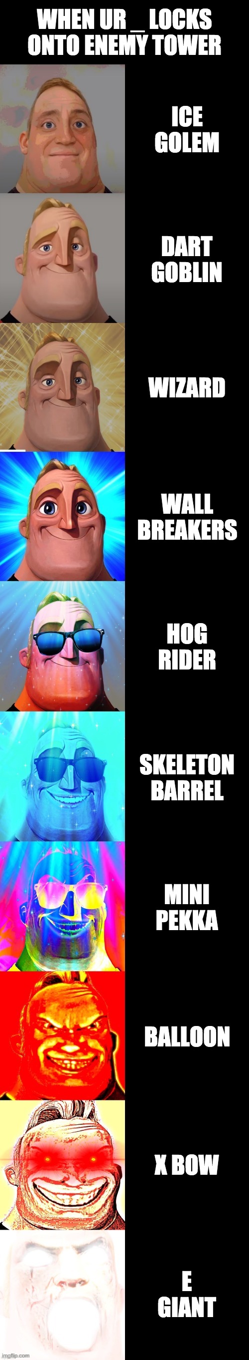 parody of a meme i made yesterday | WHEN UR _ LOCKS ONTO ENEMY TOWER; ICE GOLEM; DART GOBLIN; WIZARD; WALL BREAKERS; HOG RIDER; SKELETON BARREL; MINI PEKKA; BALLOON; X BOW; E GIANT | image tagged in mr incredible becoming canny | made w/ Imgflip meme maker