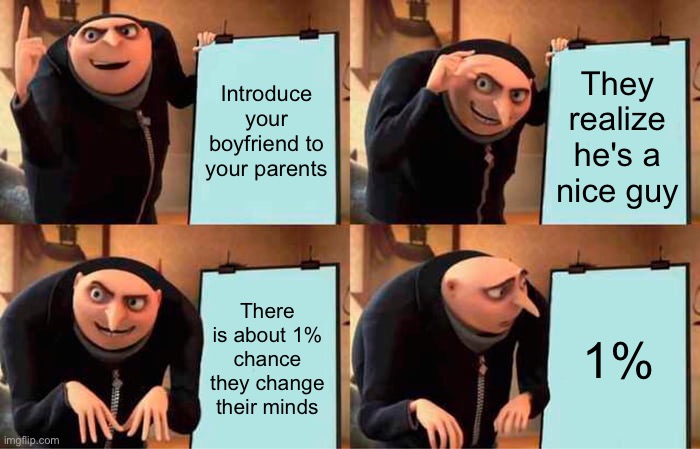 Gru's Plan Meme | Introduce your boyfriend to your parents They realize he's a nice guy There is about 1% chance they change their minds 1% | image tagged in memes,gru's plan | made w/ Imgflip meme maker