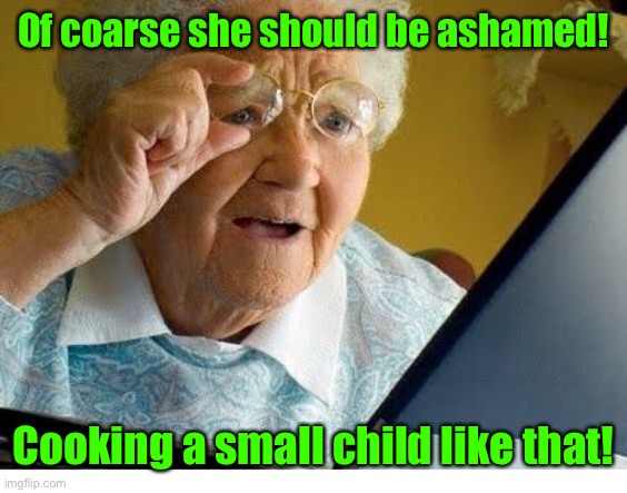 old lady at computer | Of coarse she should be ashamed! Cooking a small child like that! | image tagged in old lady at computer | made w/ Imgflip meme maker