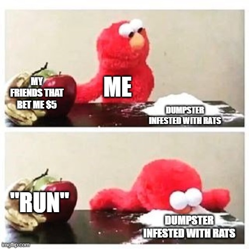 When Your Friends Dare You | ME; MY FRIENDS THAT BET ME $5; DUMPSTER INFESTED WITH RATS; "RUN"; DUMPSTER INFESTED WITH RATS | image tagged in elmo cocaine | made w/ Imgflip meme maker