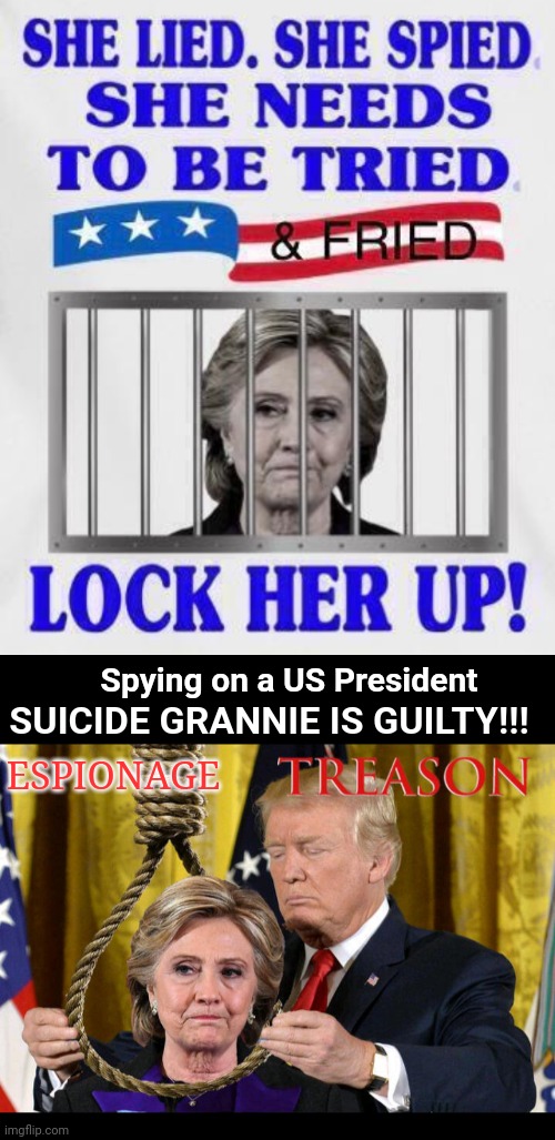 Suicide Grannie guilty of espionage | ESPIONAGE; SUICIDE GRANNIE IS GUILTY!!! Spying on a US President | image tagged in hillary clinton for jail 2016 | made w/ Imgflip meme maker