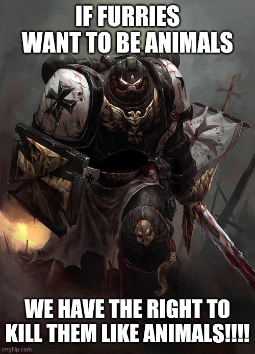 Warhammer 40k Black Templar | IF FURRIES WANT TO BE ANIMALS WE HAVE THE RIGHT TO KILL THEM LIKE ANIMALS!!!! | image tagged in warhammer 40k black templar | made w/ Imgflip meme maker