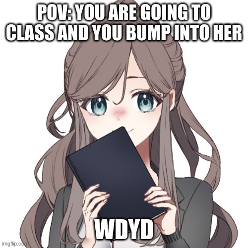 No ERPs/ op ocs or joke ocs. Any gender will do for this roleplay | POV: YOU ARE GOING TO CLASS AND YOU BUMP INTO HER; WDYD | made w/ Imgflip meme maker