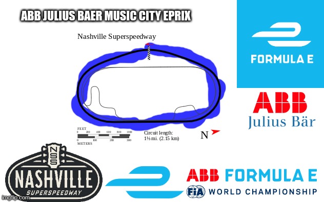 Nashville Superspeedway Formula E oval track race concept, thoughts? | ABB JULIUS BAER MUSIC CITY EPRIX | image tagged in formula e,motorsport,racing,open-wheel racing | made w/ Imgflip meme maker