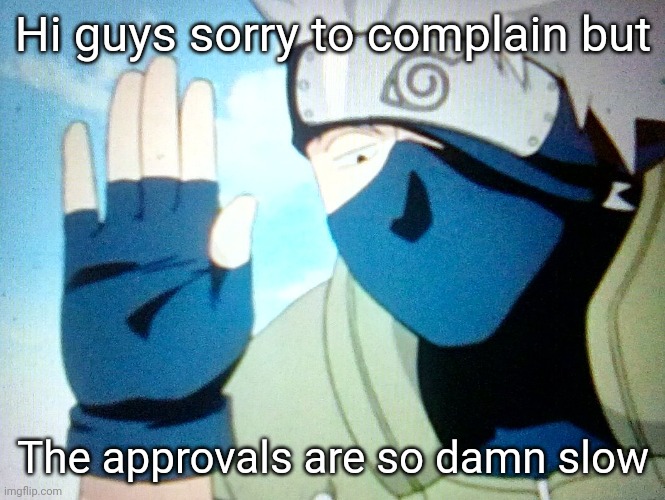 Hi guys sorry to complain but; The approvals are so damn slow | image tagged in kakashi | made w/ Imgflip meme maker