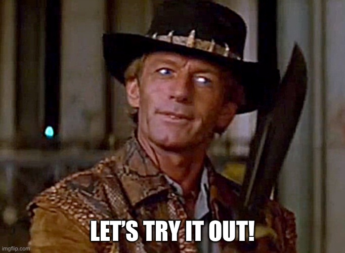 Crocodile Dundee Knife | LET’S TRY IT OUT! | image tagged in crocodile dundee knife | made w/ Imgflip meme maker