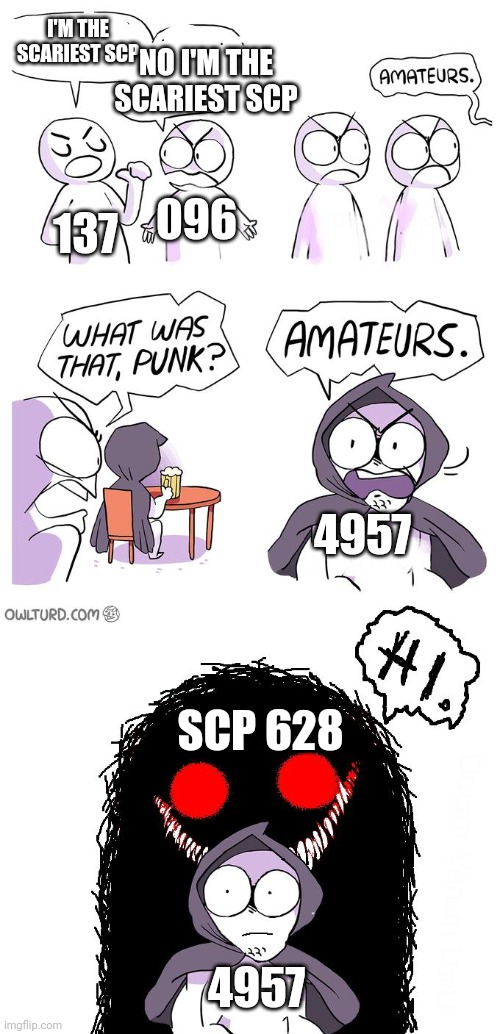 Amateurs 3.0 | I'M THE SCARIEST SCP SCP 628 NO I'M THE SCARIEST SCP 096 137 4957 4957 | image tagged in amateurs 3 0 | made w/ Imgflip meme maker