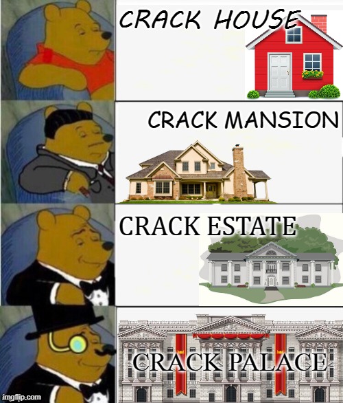 Crack Me Up | CRACK HOUSE; CRACK MANSION; CRACK ESTATE; CRACK PALACE | image tagged in tuxedo winnie the pooh 4 panel,cocaine,crackhead,crack,house,drugs | made w/ Imgflip meme maker