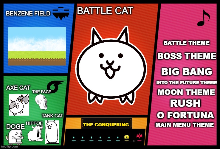 This took way too long to make tbh | BENZENE FIELD; BATTLE CAT; BATTLE THEME; BOSS THEME; BIG BANG; INTO THE FUTURE THEME; MOON THEME; AXE CAT; THE FACE; RUSH; O FORTUNA; TANK CAT; MAIN MENU THEME; HIPPOE; THE CONQUERING; DOGE | image tagged in smash ultimate dlc fighter profile | made w/ Imgflip meme maker