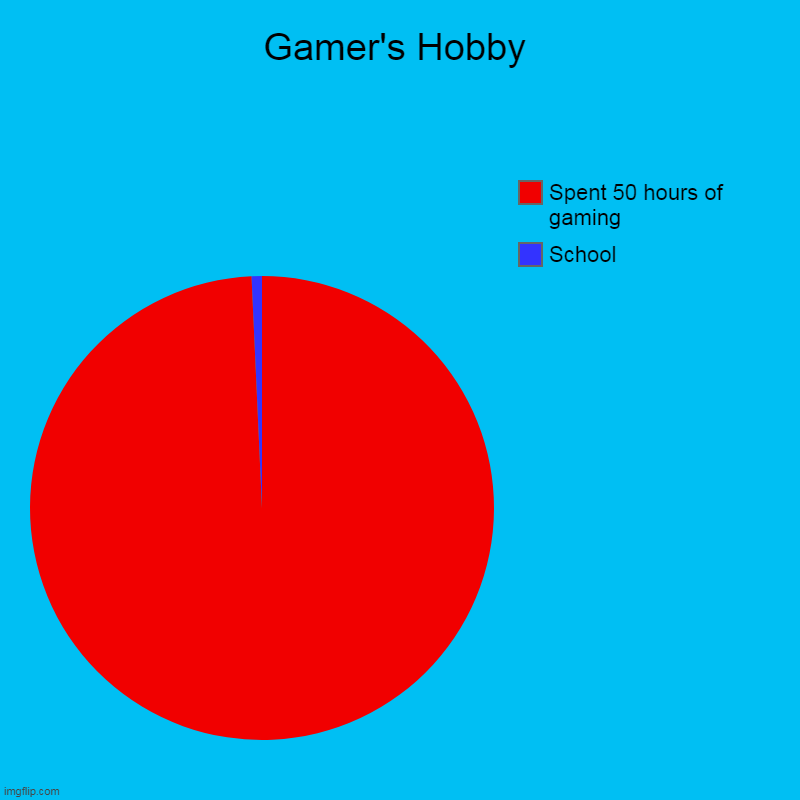 Gamer's Hobby | Gamer's Hobby | School, Spent 50 hours of gaming | image tagged in charts,pie charts | made w/ Imgflip chart maker